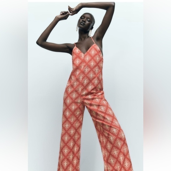 Zara LONG PRINT JUMPSUIT TERRACOTTA SZ US XL - Picture 3 of 11
